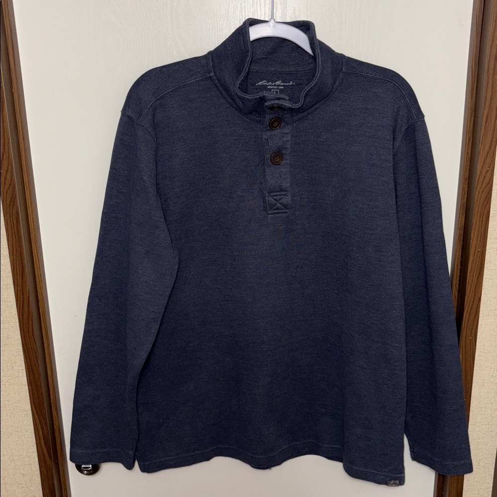 Eddie Bauer Mens Blue Mock Pullover Sweater Large Quarter Button Fleece